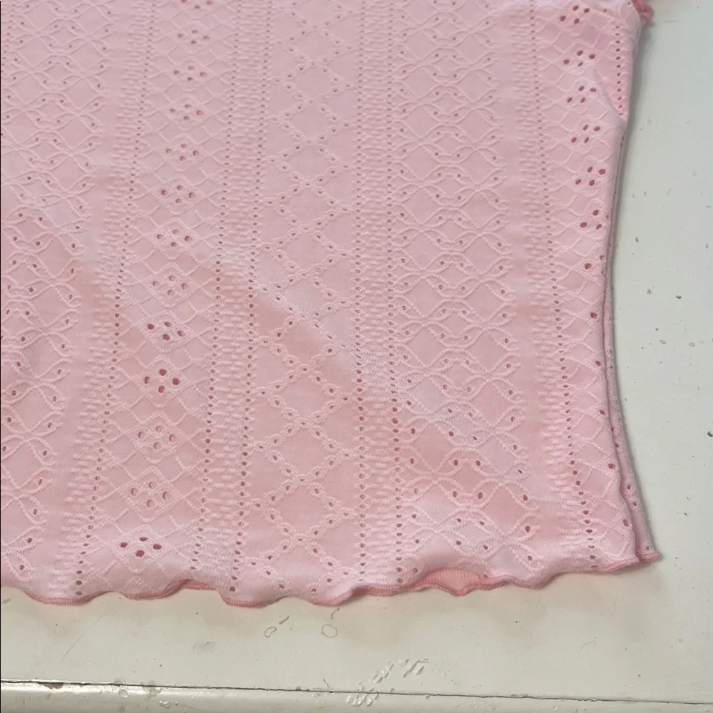 Small Pink Short Sleeve Lettuce Edge Hem Sheer Scoop Neck Blouse